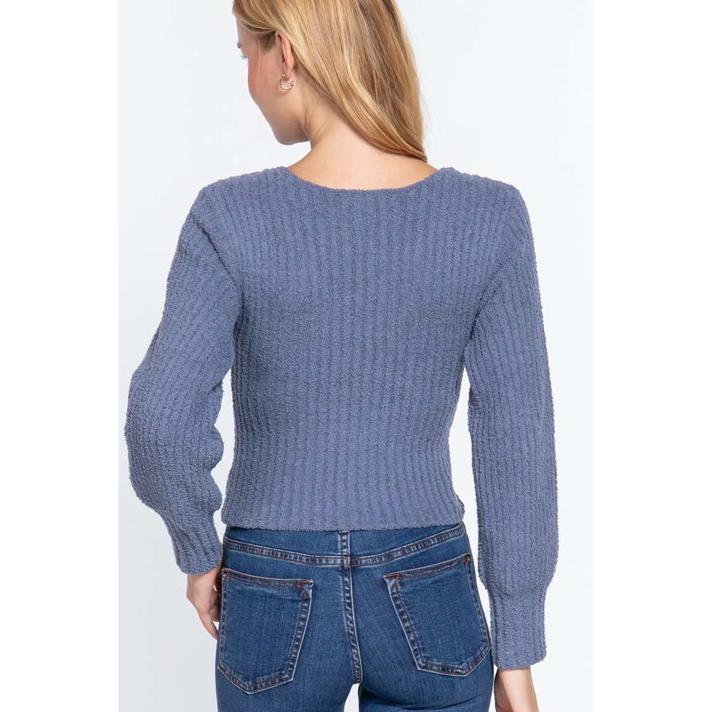 Long Puff Slv V-neck Rib Sweater - Picture 4 of 7